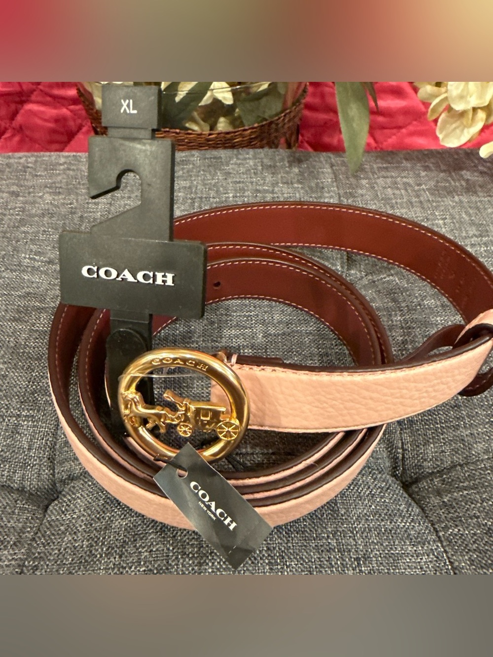Coach Pink and Brown Reversible Leather Belt with Gold Logo Buckle - XL